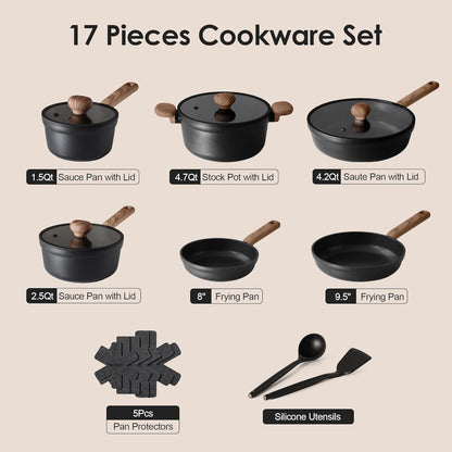 SENSARTE Nonstick Cookware Set - 17-Piece Induction Kitchen Set with Stay-Cool Handles | Matte Black, Dishwasher Safe