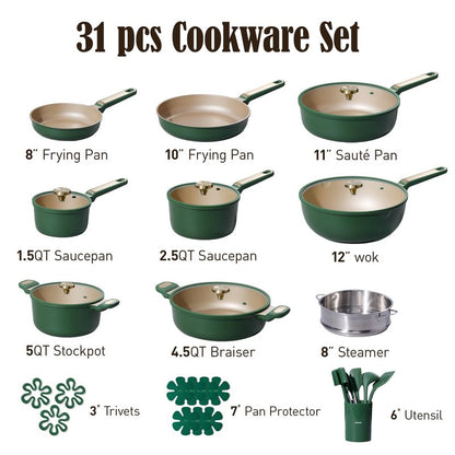 CAROTE Pots and Pans Set Non stick, Cookware Set, 31pcs NonStick Kitchen Set Induction Cookware Non-toxic Cooking Set, Green