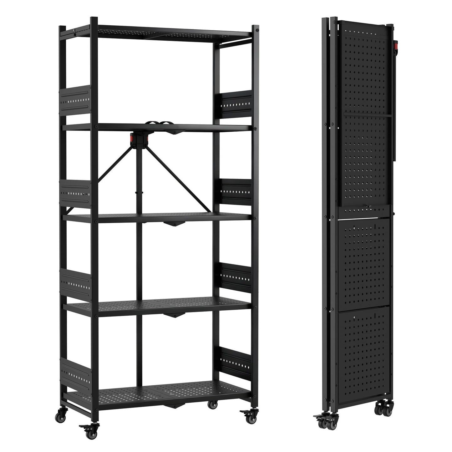 WORKPRO 5-Tier Folding Shelf, No-Assembly Metal Storage Rack with Wheels, 750 lbs Capacity (with Leveling Feet), Collapsible Shelving Unit for Kitchen, Pantry, Bathroom & Closet Organization