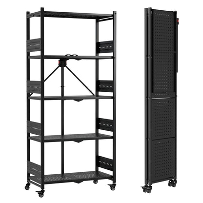 WORKPRO 5-Tier Folding Shelf, No-Assembly Metal Storage Rack with Wheels, 750 lbs Capacity (with Leveling Feet), Collapsible Shelving Unit for Kitchen, Pantry, Bathroom & Closet Organization