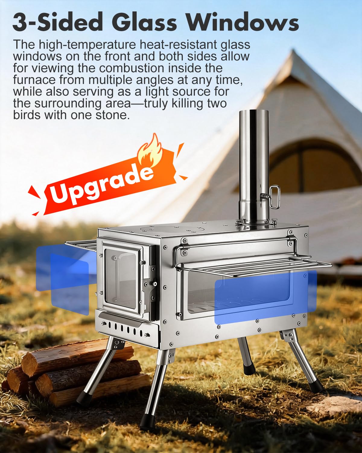 Camping Wood Stove，Wood Burning Tent Stove，Portable Hot Tent Stove for Camping, Hunting, Ice Fishing，Cooking，Shelter