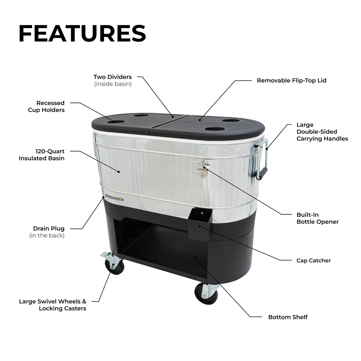 Permasteel 120-Qt Rolling Ice Chest, Portable Patio Party Bar Drink Cooler Cart with Wheels, Drink Dividers - Perfect for Outdoor or Indoor Entertaining, and Parties, Galvanized Steel