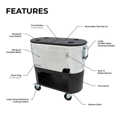 Permasteel 120-Qt Rolling Ice Chest, Portable Patio Party Bar Drink Cooler Cart with Wheels, Drink Dividers - Perfect for Outdoor or Indoor Entertaining, and Parties, Galvanized Steel
