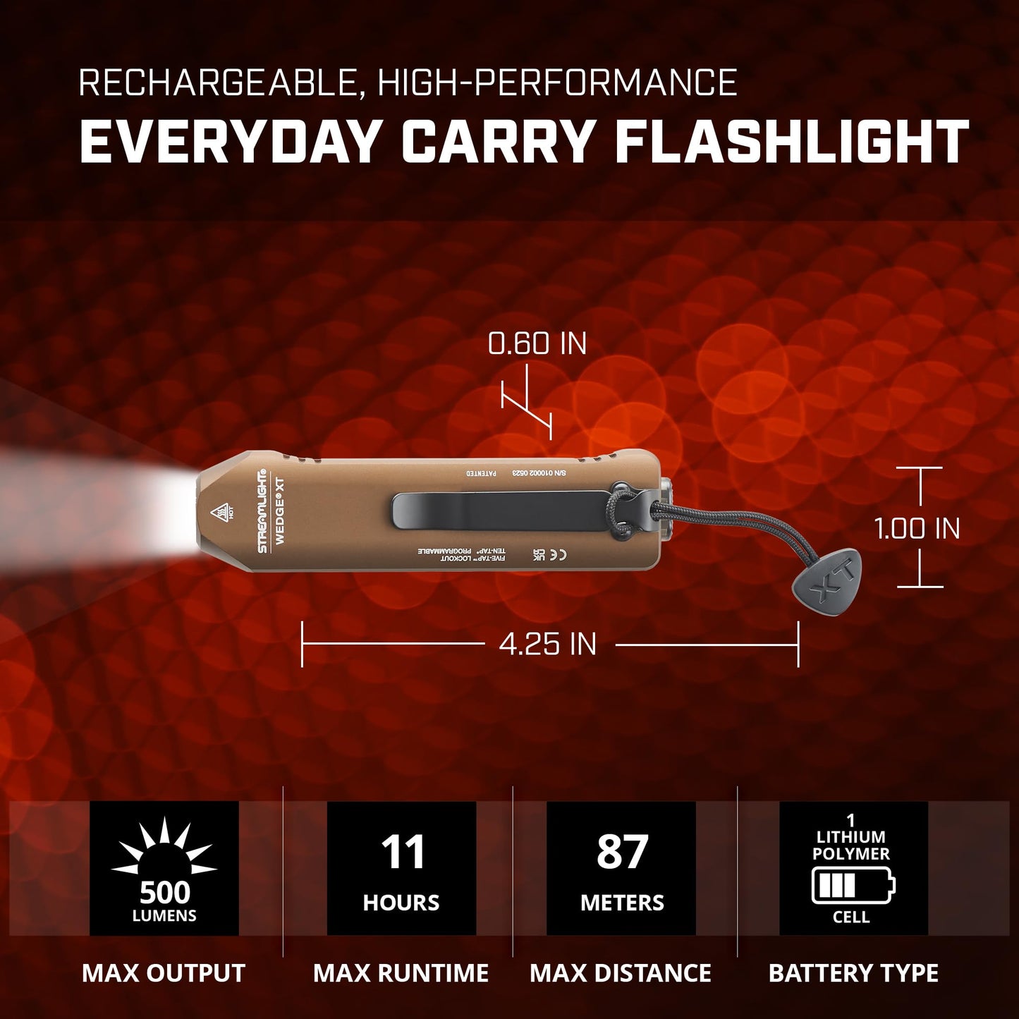Streamlight 88813 Wedge XT 500-Lumen 1,900-Candela Flat Everyday Carry Flashlight, Includes USB-Cable and Pocket Lanyard, Coyote