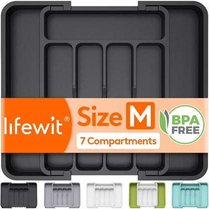 Lifewit Silverware Drawer Organizer, Expandable Utensil Tray for Kitchen, BPA Free Flatware and Cutlery Holder, Adjustable Plastic Storage for Spoons Forks Knives, 8.9-14.7 x 12.2", White
