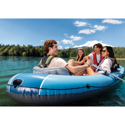 INTEX 66324EP Excursion 4 Inflatable Boat Set: Includes Deluxe 54in Aluminum Oars and High-Output Pump – Adjustable Seats with Backrest – Fishing Rod Holders – 4-Person – 1100lb Weight Capacity