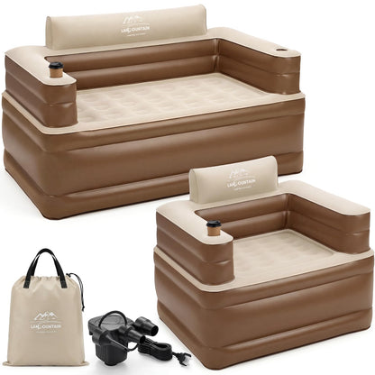 LANMOUNTAIN Inflatable Couch Set with Cup Holders & Pump, Velvety Air Sofa (1 Loveseat 60"x32"x34" & 1 Chair 41"x32"x34") for Camping & Home