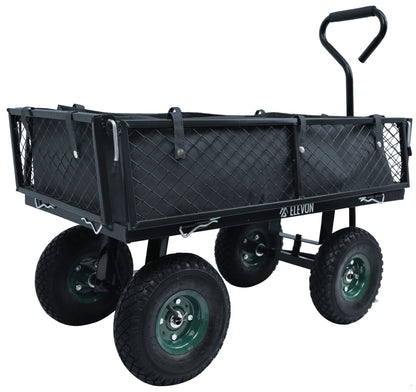 Elevon Heavy Duty Garden Cart, 400 Lb Weight Capacity, Liner Included, Mesh Steel Folding Utility Wagon with Removable Sides and 10in Pneumatic Tires,Black