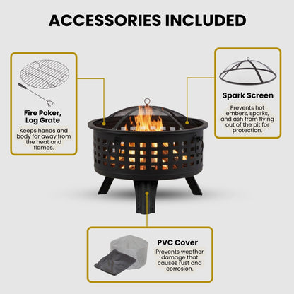 Outdoor Fire Pit - 26-Inch Round Lattice Wood Burning Firepit with Screen, Poker, Grate and Cover - Wood Fire Pits & Outdoor Fireplaces by Pure Garden