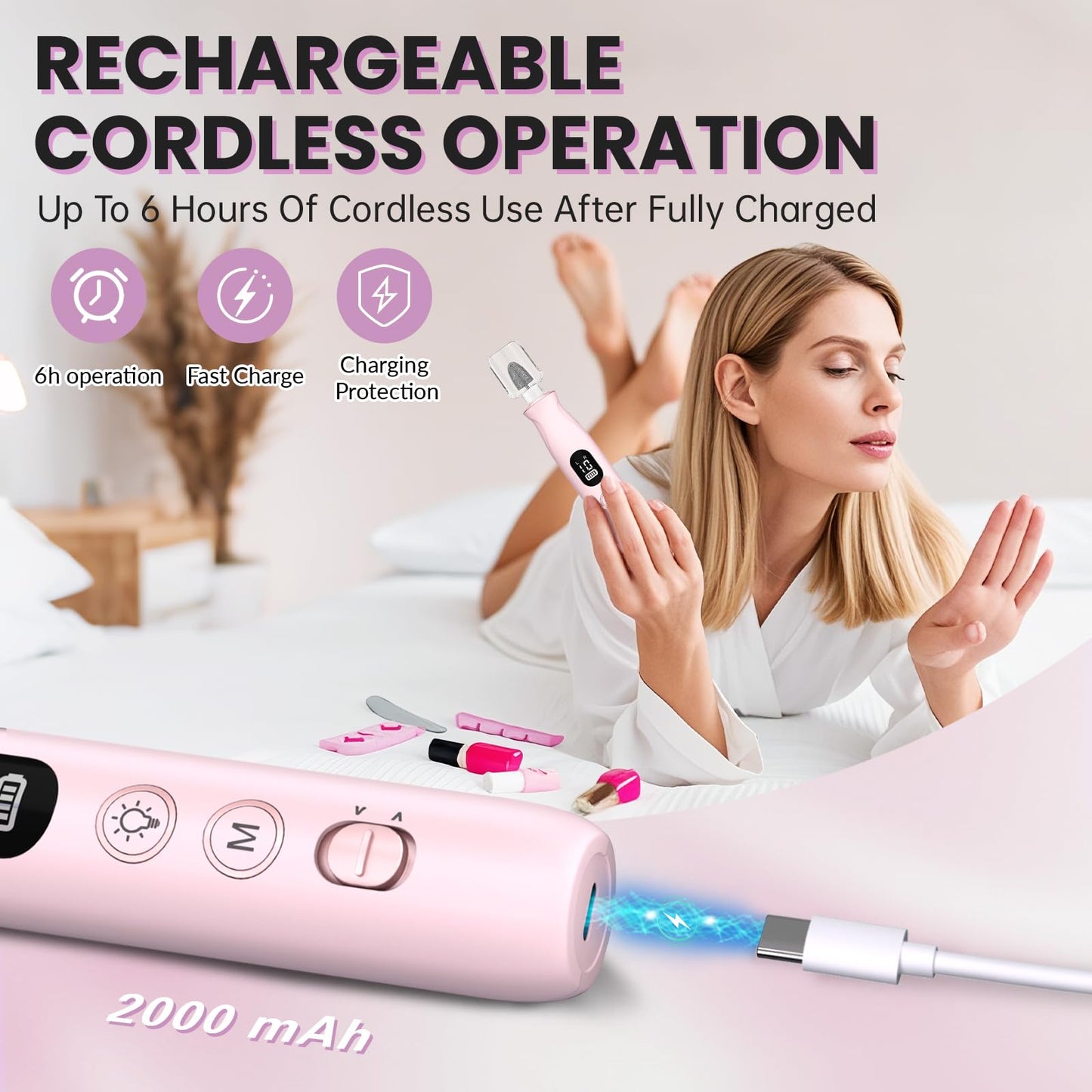 Electric Nail Drill, Cordless 2000 mAh Rechargeable Portable Nail File 12 in 1 Kit for Thick Toenails, 10 Speeds Nail Dril Machine Professional Manicure Pedicure for Hand Natural Nails Care (White)