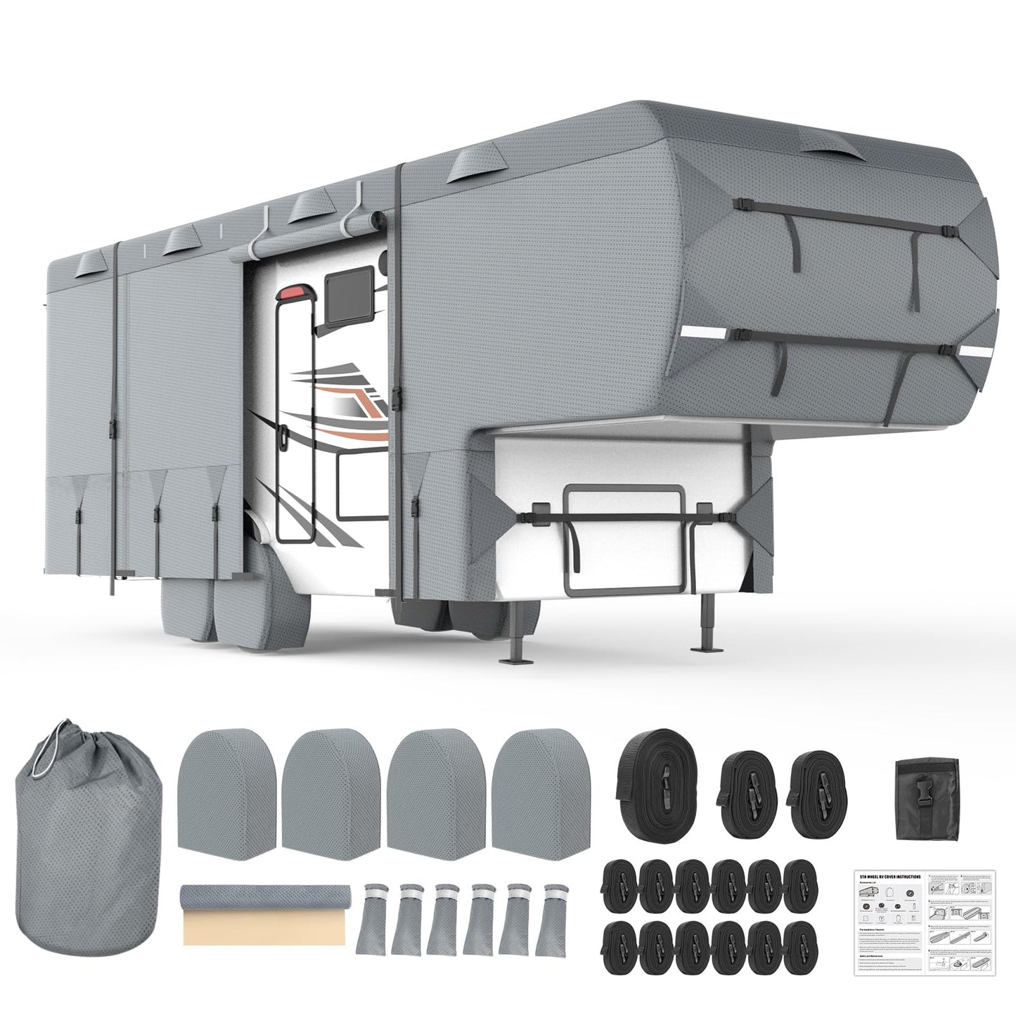 Mofeez 5th Wheel RV Cover 29-33ft, 7 Layers Top Extra-Thick Fifth Wheel Cover, Waterproof Windproof Anti-UV Rip-Stop Toy Hauler Camper Cover with 3Pcs Extra Straps, 6 Gutter Covers & 4 Tire Covers