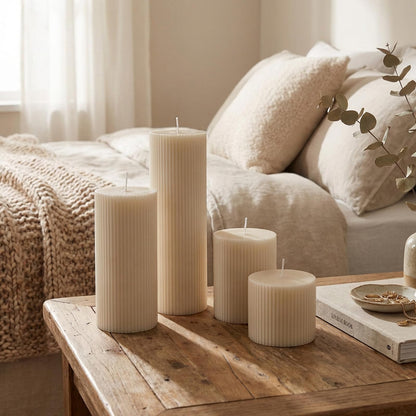 PEDOBALI Ribbed Pillar Candles Set of 4, Pillar Orchids Scented Candles Width 3" High 3" 4" 6" 8" Large Aesthetic Ribbed Soy Wax for Living Room Bathroom Modern Home Decor(Cream)