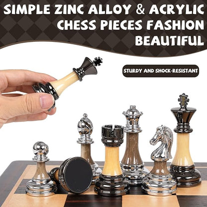 Luxury Large Metal &amp Acrylic Chess Set with Wooden Chess Board (17”) – Weighted Chess Pieces with 3.5” King Foldable Tournament Chess Set for Adults &amp Kids Professional Chess Game Set