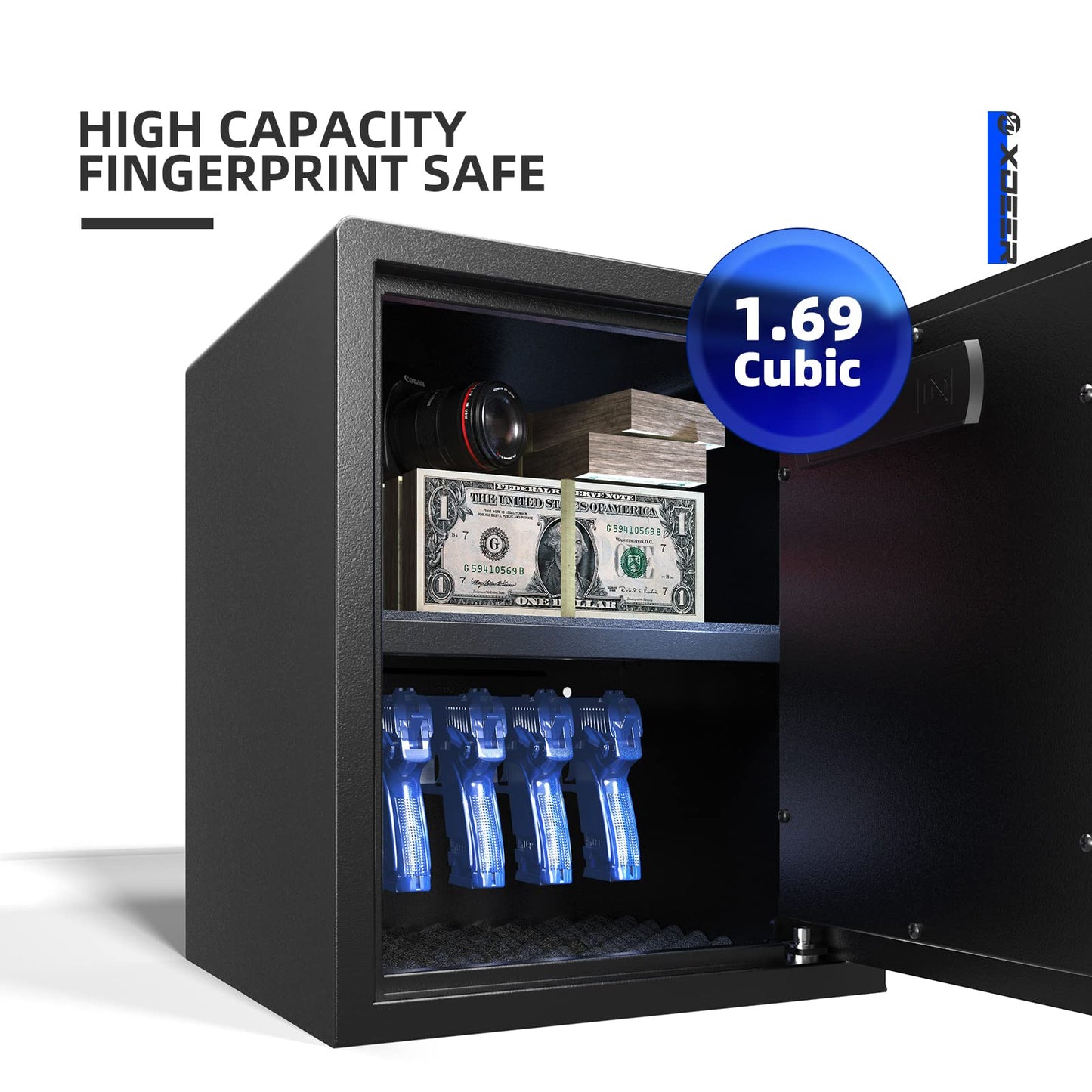 XDeer Biometric Safe Box, Quick-Access Security Safe Box with Upgraded Fingerprint, Steel Handgun Safe Lock Box for Kid/Home/Office/1PCS (1.69 Cubic Feet)