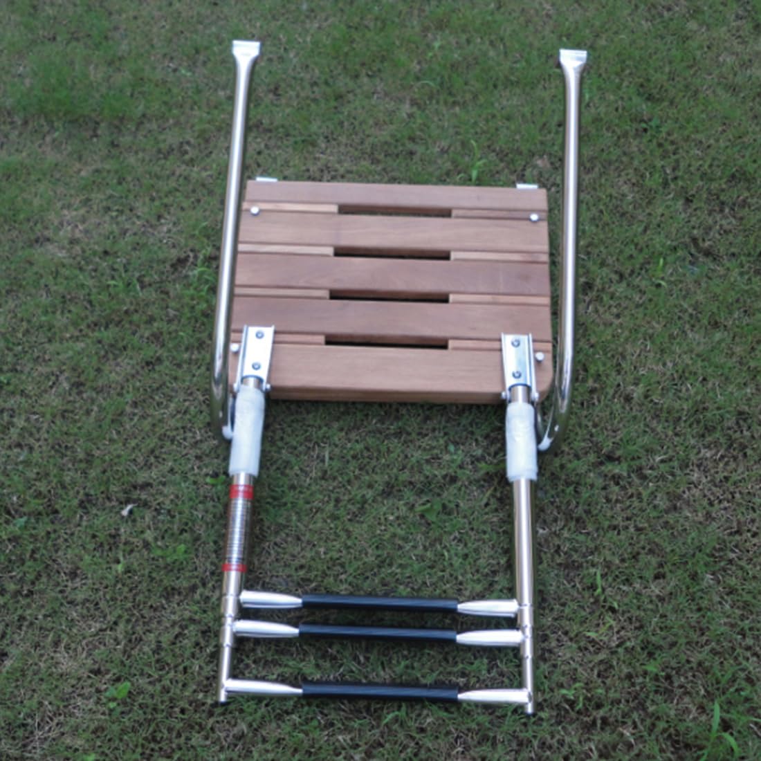 Telescoping 3-Step Swim Platform Ladder with Dual Handrails, Teak Stainless Steel Boat Boarding Ladder