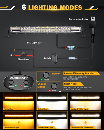 Auxbeam 30 Inch 180W LED Light Bar, 6 Modes Spot Flood Combo Offroad Lighting Amber White Strobe Fog Light, Memory Reset Function Waterproof Driving Work Light with Wiring Harness Kit