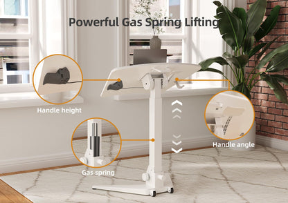 Claiks Mobile Standing Desk, Portable Rolling Workstation With Wheels, Pneumatic Height Adjustable Sit-Stand With 90 Tiltable, Foldable Non-Slip Computer Stand, White