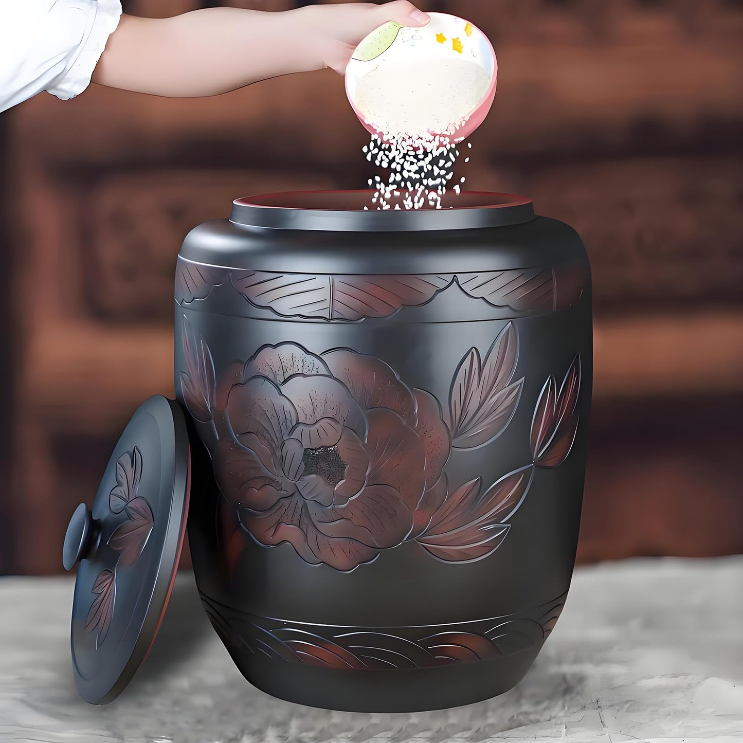 BDKNBHG Ceramics Rice Jar - Ceramic Rice Dispenser Container Large Food Storage Canister, Dispenser with Airtight Lid Grain Containers Bucket