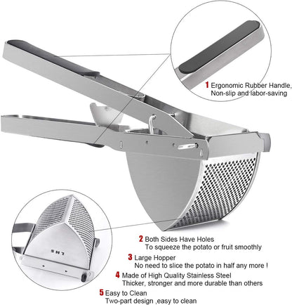 LHS Stainless Steel Potato Ricer - Heavy Duty Masher with Ergonomic Grip | Extra Large Capacity, Dishwasher Safe (Black)