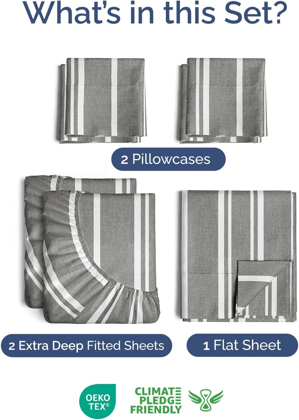 Skiennix Extra Deep Split King Sheet Set - 7 Piece Cooling Bedding - Soft, Wrinkle-Free, Grey Stripes