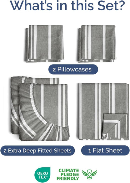 Skiennix Extra Deep Split King Sheet Set - 7 Piece Cooling Bedding - Soft, Wrinkle-Free, Grey Stripes
