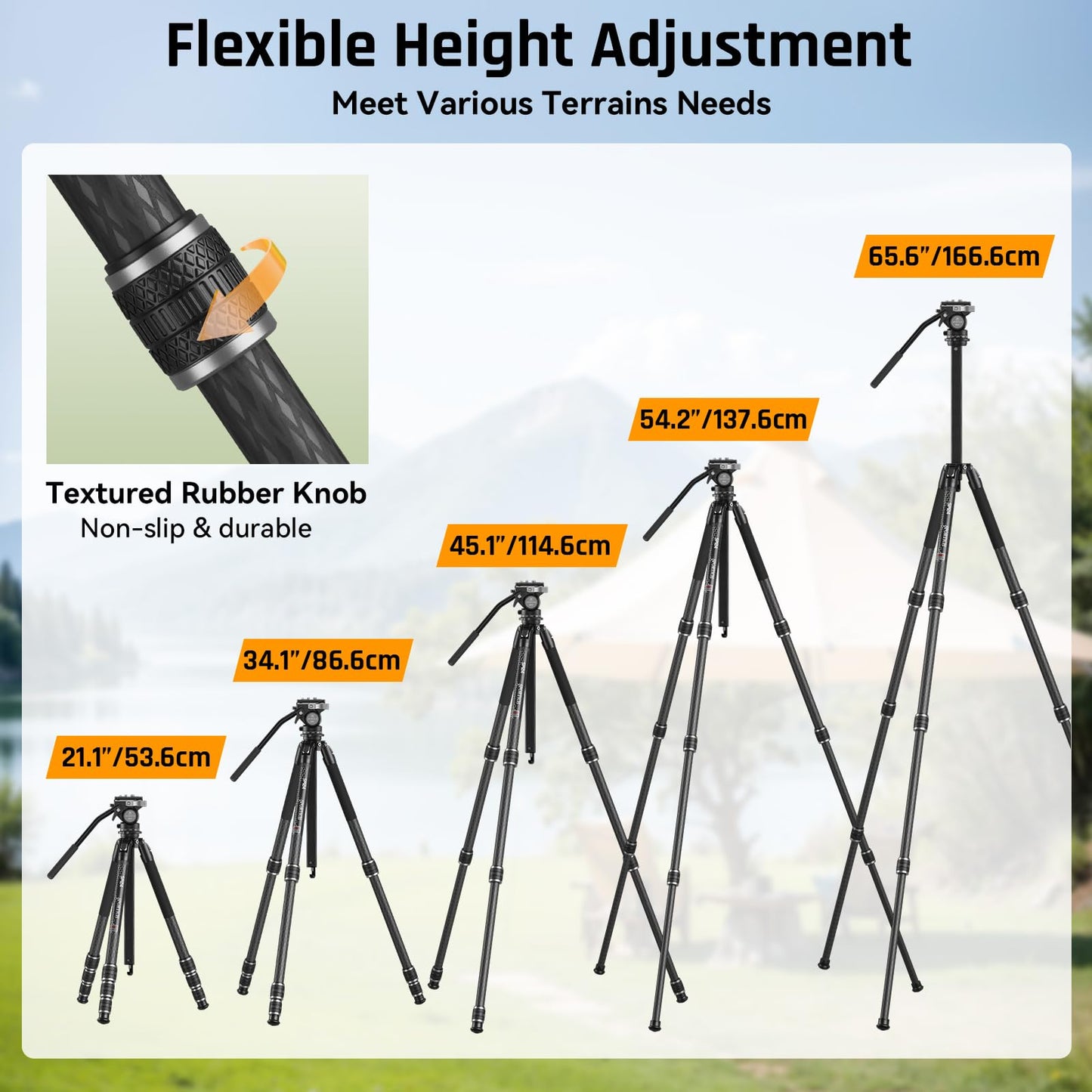 SPORTICH SP124+BX5 Optics Carbon Fiber Tripod with Fluid Pan Head, 62.2" Travel Tripod with Center Column, Binocular Adapter, for Binoculars, Spotting Scopes, Cameras, Max Load 26lbs