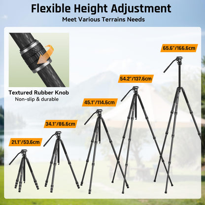 SPORTICH SP124+BX5 Optics Carbon Fiber Tripod with Fluid Pan Head, 62.2" Travel Tripod with Center Column, Binocular Adapter, for Binoculars, Spotting Scopes, Cameras, Max Load 26lbs