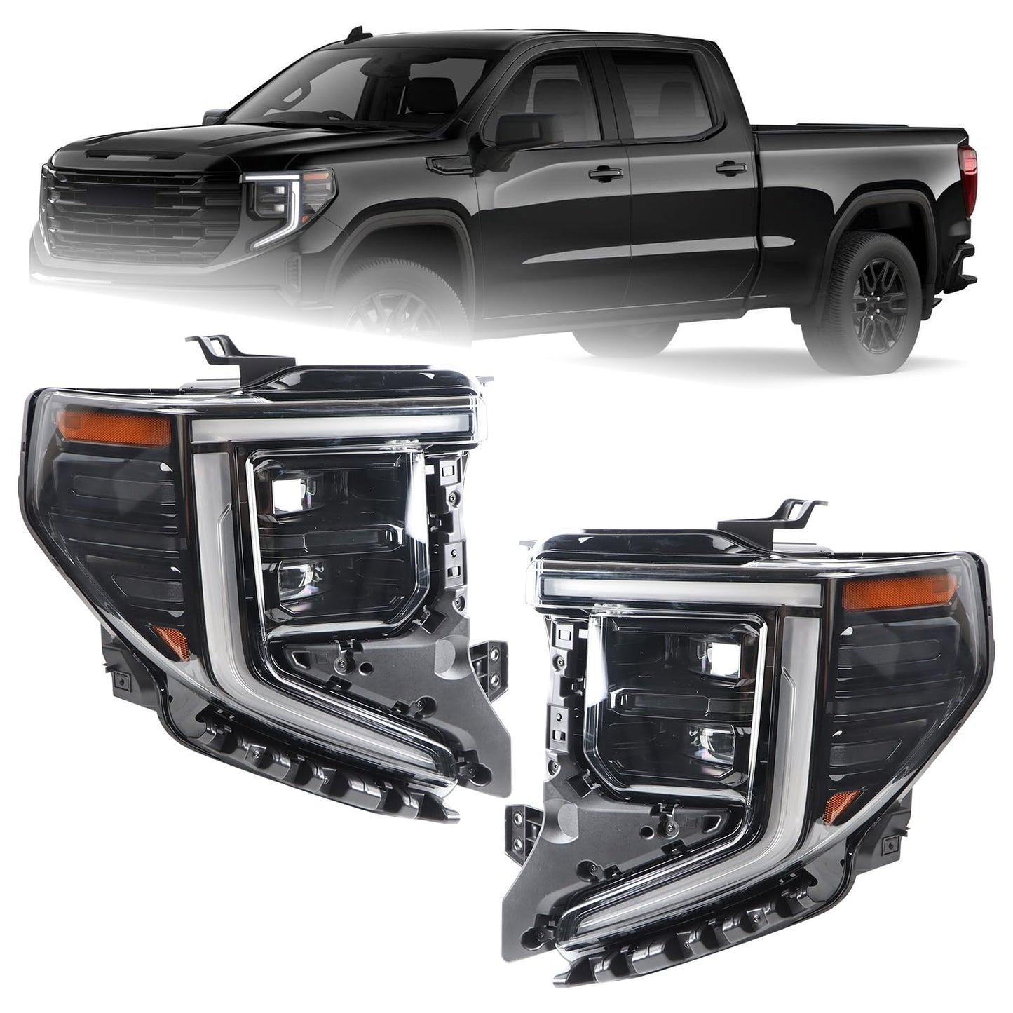 KAMDKI A Pair Black Trim LED Headlight Fit for 2022 2023 2024 GMC Sierra 1500 SLT/Denali Headlamp Assembly Left Driver and Right Passenger Side W/Module 85543193 85543194 85604121 85604122