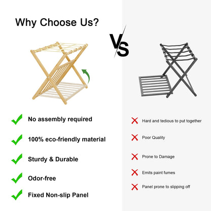 SANLUCE Fully Assembled Luggage Rack Set of 2 for Guest Room, Bamboo Suitcase Stand with Foldable Storage Shelf, Crossed Nylon Straps Folding Luggage Holder for Bedroom and Hotel, Natural