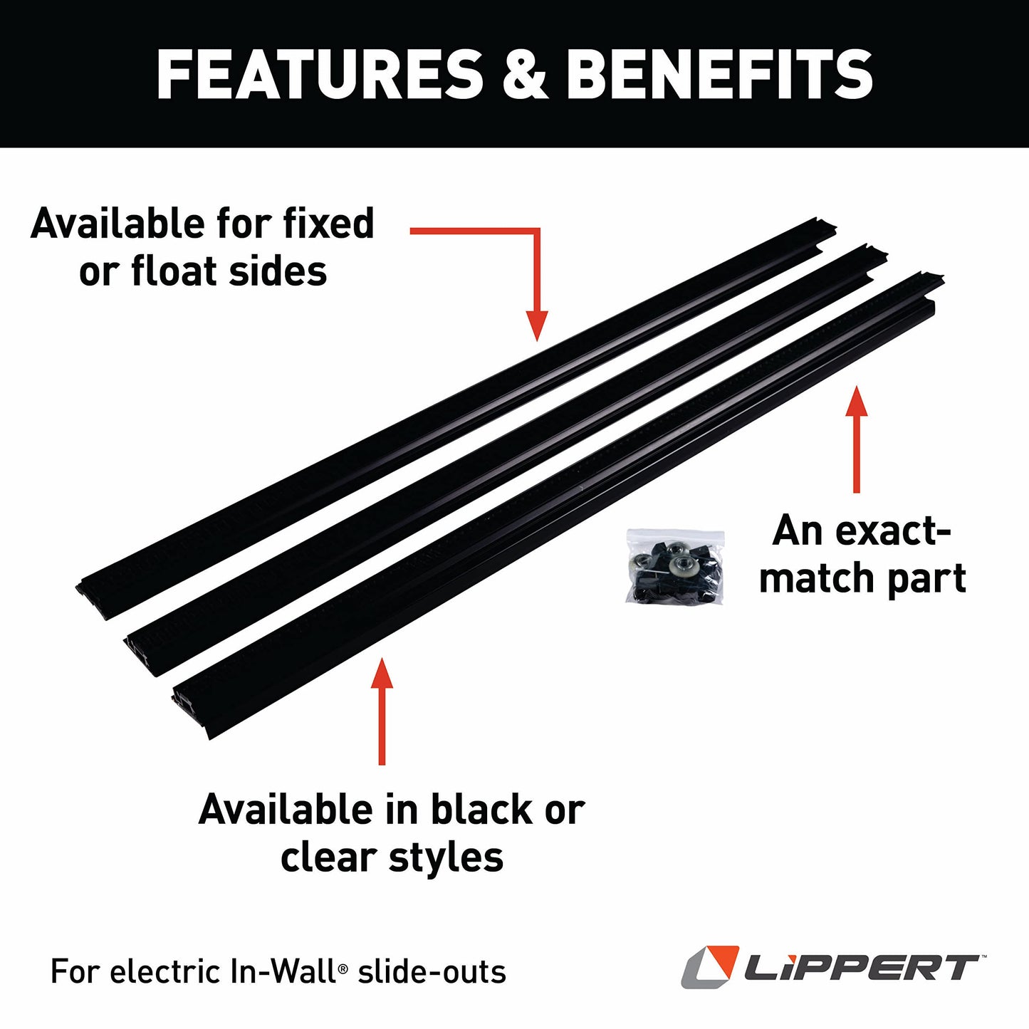Lippert in-Wall Replacement Triple Rack Repair Kit for RV Slide-Out Systems with Hook Racks, V-Rollers, Retainers, Rivets, Rack Shoes, Wear Pads, Plugs, Sealing Foam, Fixed Side, Black - 366214
