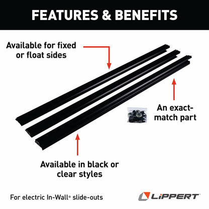 Lippert in-Wall Replacement Triple Rack Repair Kit for RV Slide-Out Systems with Hook Racks, V-Rollers, Retainers, Rivets, Rack Shoes, Wear Pads, Plugs, Sealing Foam, Fixed Side, Black - 366214