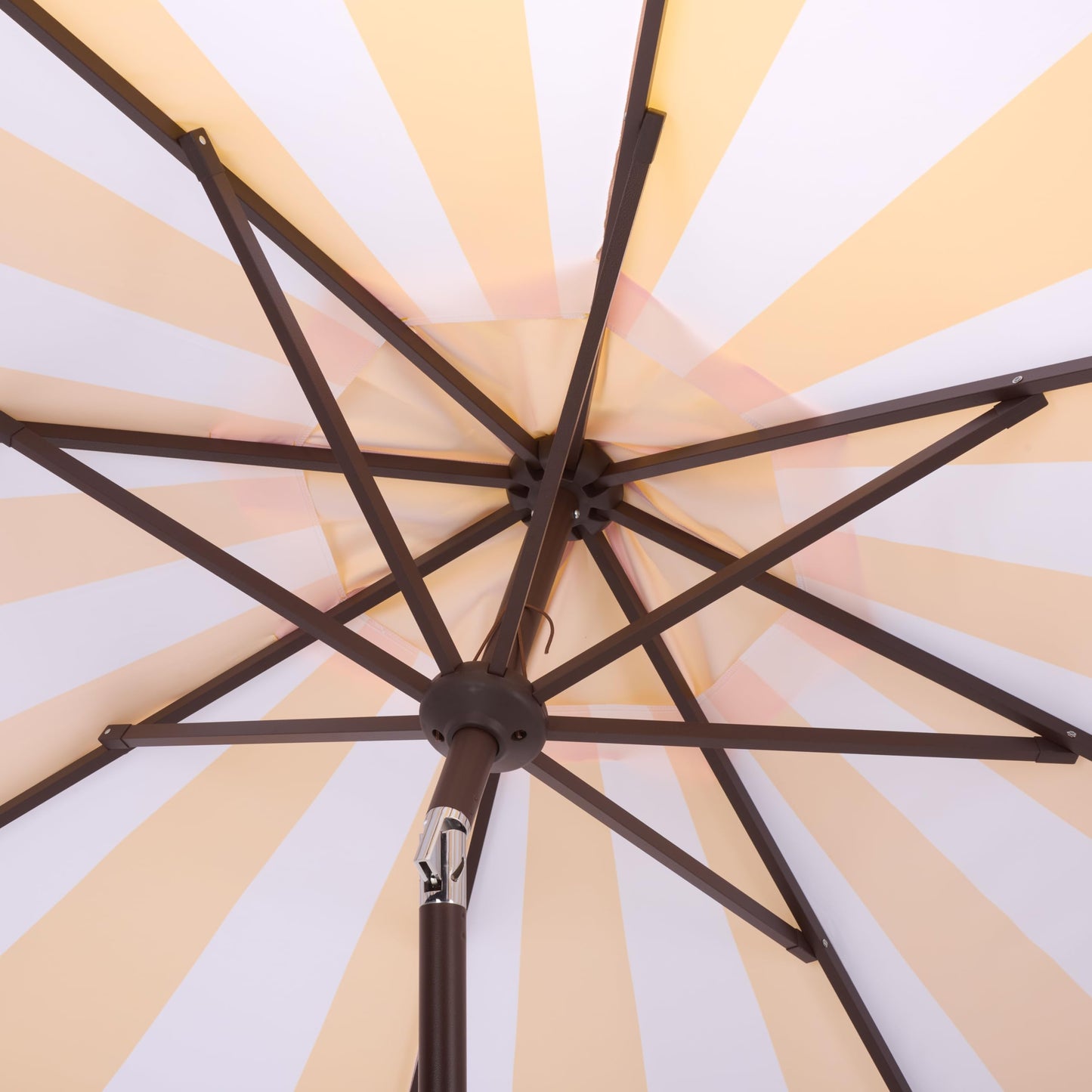 SAFAVIEH Outdoor Patio Furniture Collection – Meze 9 Ft Yellow Stripe & Brown Crank Umbrella, Market-Style Patio Umbrella with Aluminum Pole, Outdoor Shade Accent (PAT8013Y)