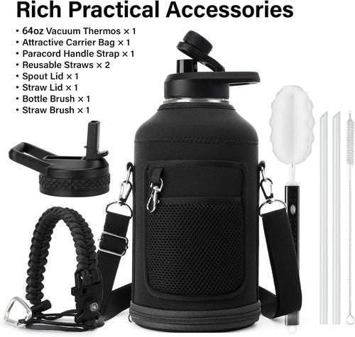 DYSANKY Insulated Water Bottle - 64 oz Thickened Stainless Steel Vacuum Jug | Portable for Gym & Hiking with Straw & Carrier Bag