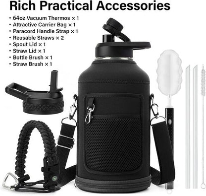 DYSANKY Insulated Water Bottle - 64 oz Thickened Stainless Steel Vacuum Jug | Portable for Gym & Hiking with Straw & Carrier Bag