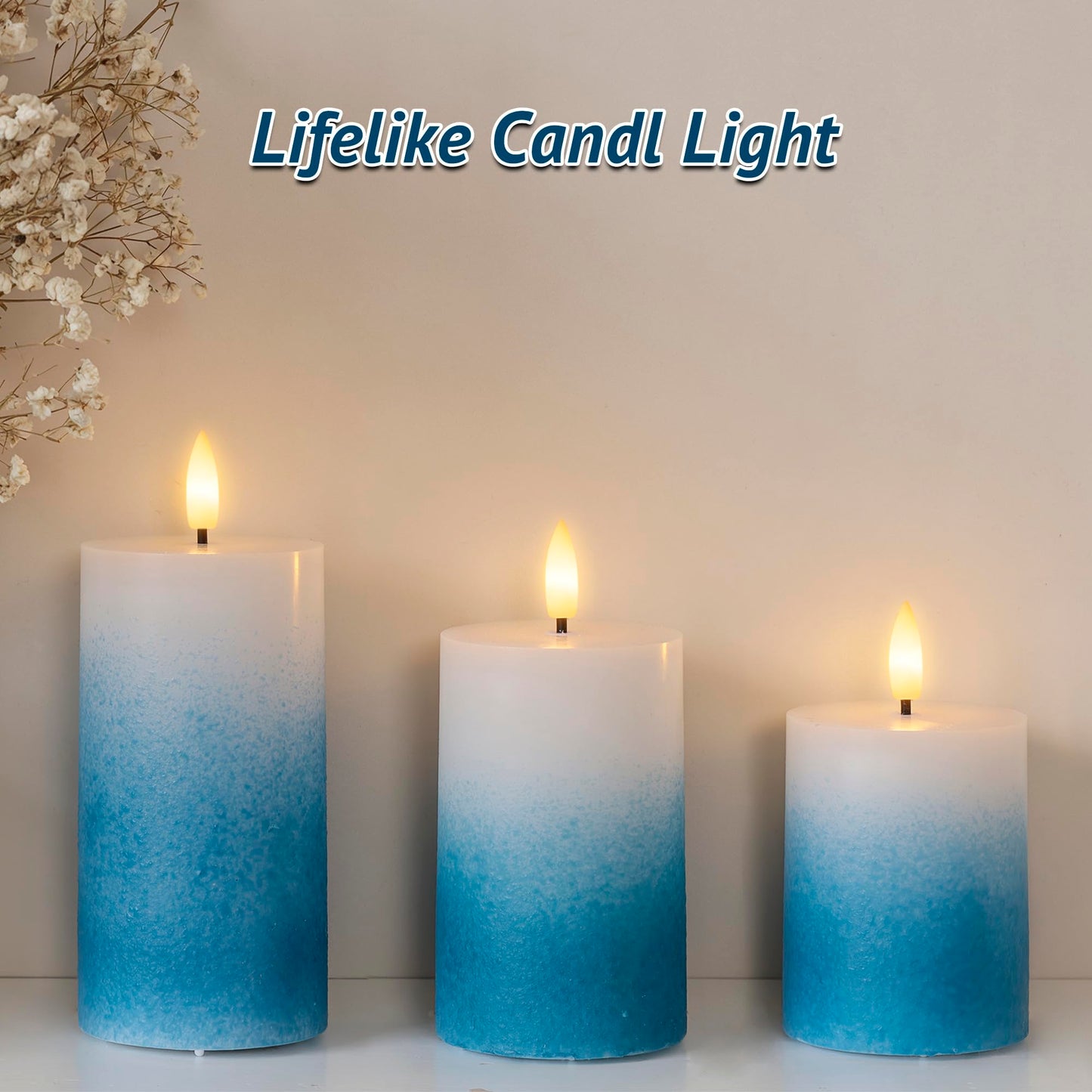 AFINETH Blue Gradient Flameless Pillar Candles, Real Wax LED Candles with Remote & Timer, Battery Operated Decorative Candles for Coastal Home Decor, Set of 3