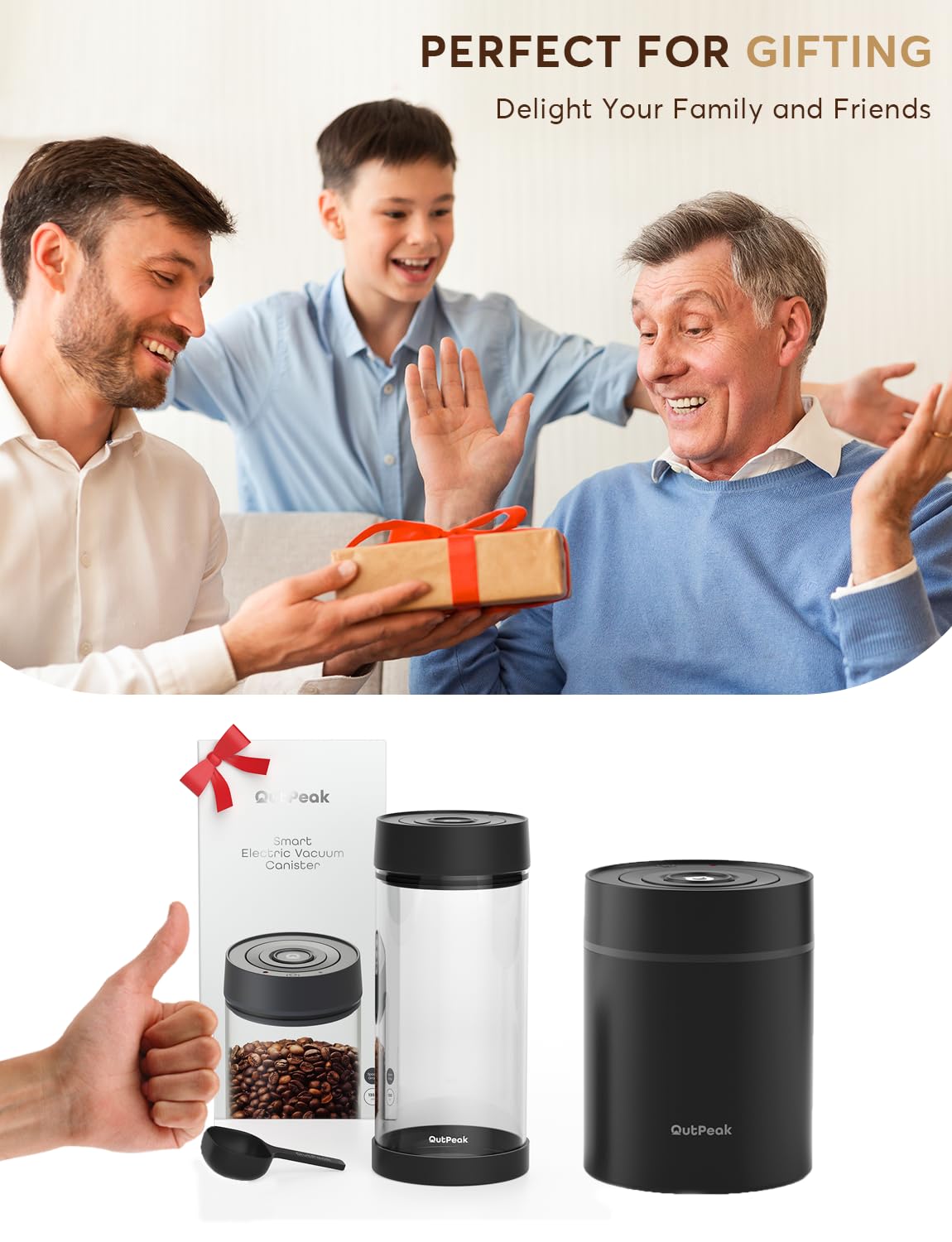 OUTPEAK Kilo Auto Vacuum Coffee Canister: 1.5L for 17.6oz, 1.35L for 14oz Coffee Beans