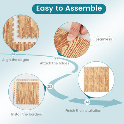 Happygrill 100 Sq. Ft. Interlocking Foam Floor Tiles, 25 PCS 2/5 Thick Wood Grain EVA Foam Mat w/50 Borders, 24” x 24” Puzzle Exercise Mat Gym Flooring for Home Gym Apartment Basement Play Room Yoga