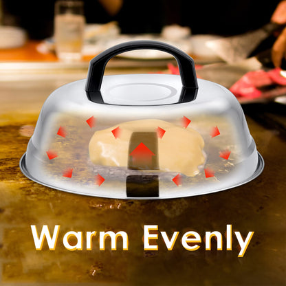 Leonyo 9 Inch Cheese Melting Dome Lid, Stainless Steel Griddle Accessories, Durable Basting Steaming Cover for Teppanyaki Flat Top Griddle Grill, Hamburger Bacon Steak Burger Patties, Plastic Handle