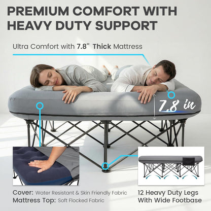 FUNDANGO Queen Camping Cot with Electric Pump, Inflatable Air Mattress Bed with Removable & Washable Cover, Folding Frame, Cup Holders, Carry Bag for Adults, Tent, Guest (80"x60")