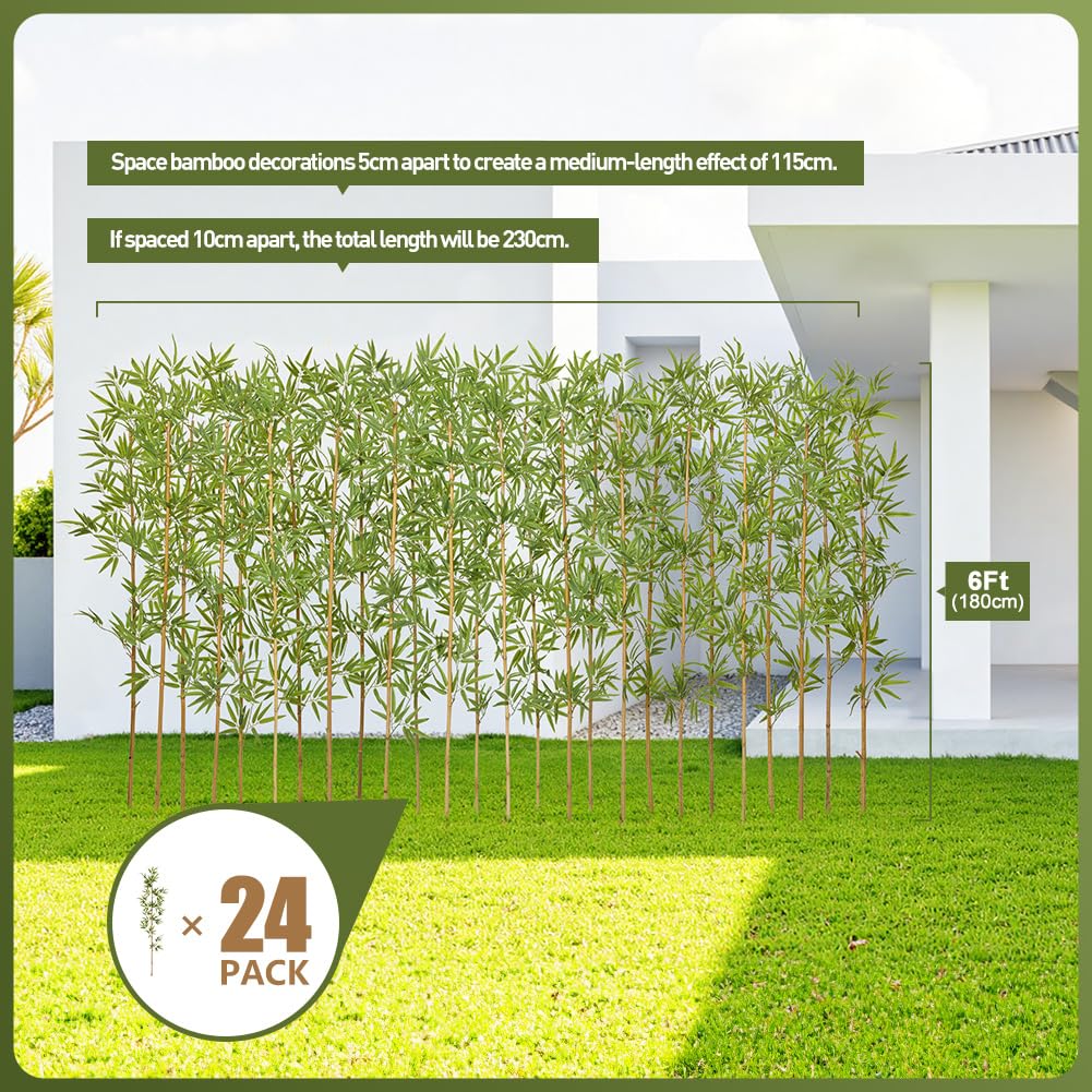 Artificial Bamboo Tree 6Ft Privacy Fence Screen - Real Bamboo Poles & UV-Resistant Faux Leaves for Indoor Outdoor, Fake Plants for Garden, Patio - Balcony Privacy Cover,Decorative Fencing 24Pcs