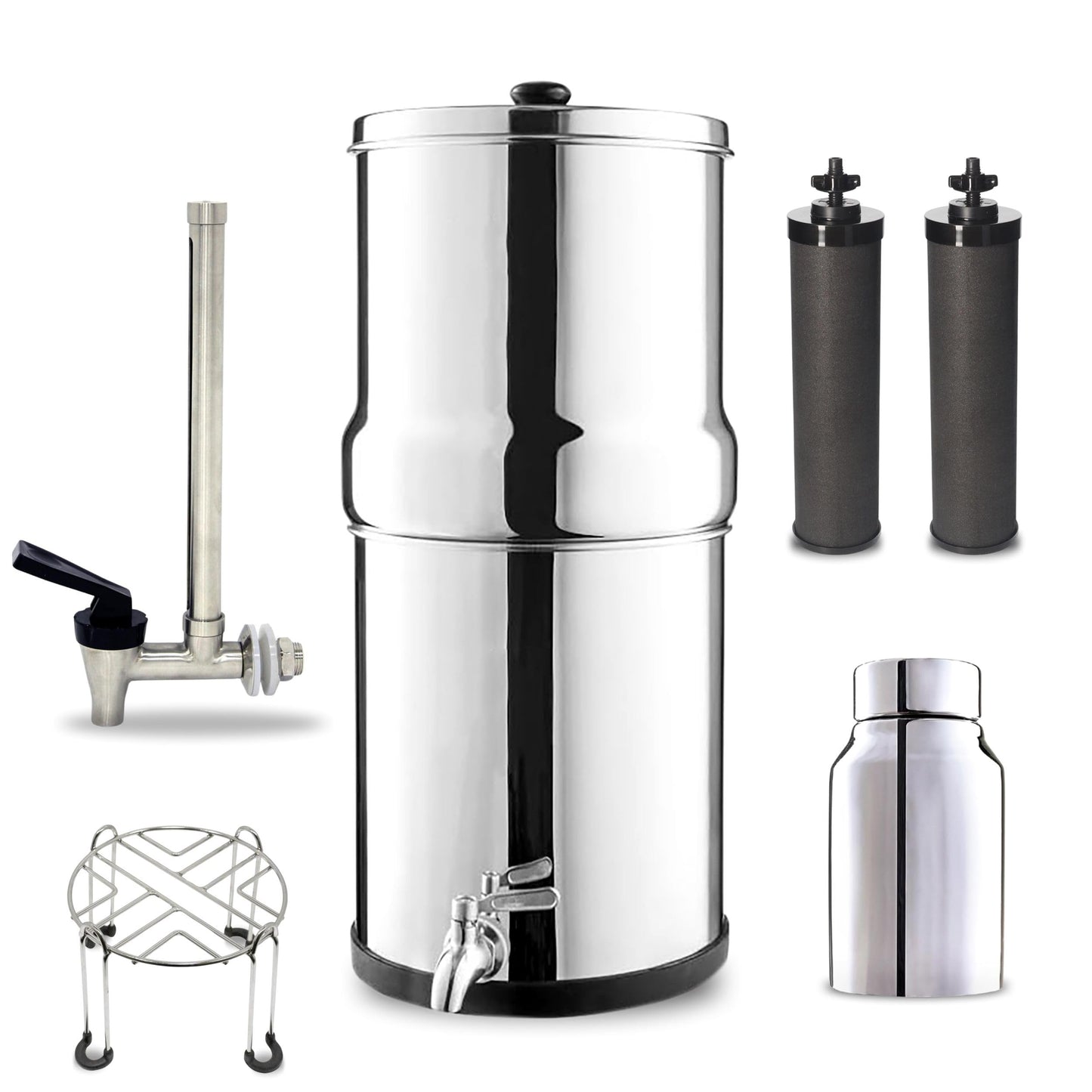 Denali Spring-2.25G (8 Liters)- Stainless Steel Gravity-Fed Water Filtration System with 2 Black Filters, SS Tap, POSTreat Filters, Vision Tap and Stainless Steel Stand