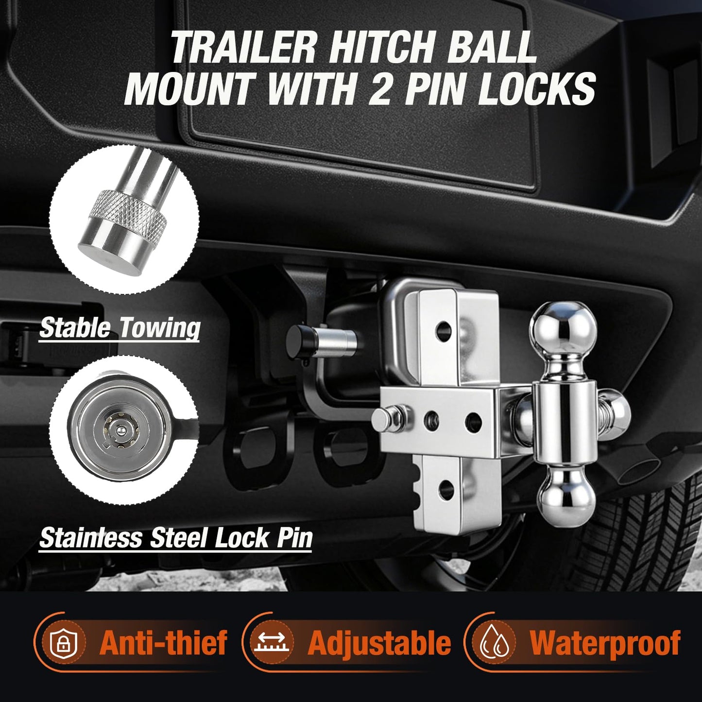 Adjustable Trailer Hitch Fits 2 Inch Receiver 12,500Lbs for Heavy Duty Truck RV with Tri-Ball (1-7/8", 2", 2-5/16") Stainless Steel 6-Inch Drop/Rise Aluminum Towing Ball Mounts (Silver)