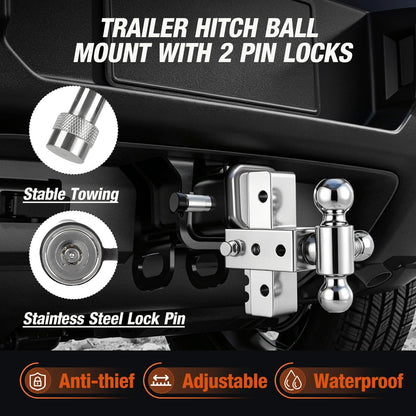 Adjustable Trailer Hitch Fits 2 Inch Receiver 12,500Lbs for Heavy Duty Truck RV with Tri-Ball (1-7/8", 2", 2-5/16") Stainless Steel 6-Inch Drop/Rise Aluminum Towing Ball Mounts (Silver)