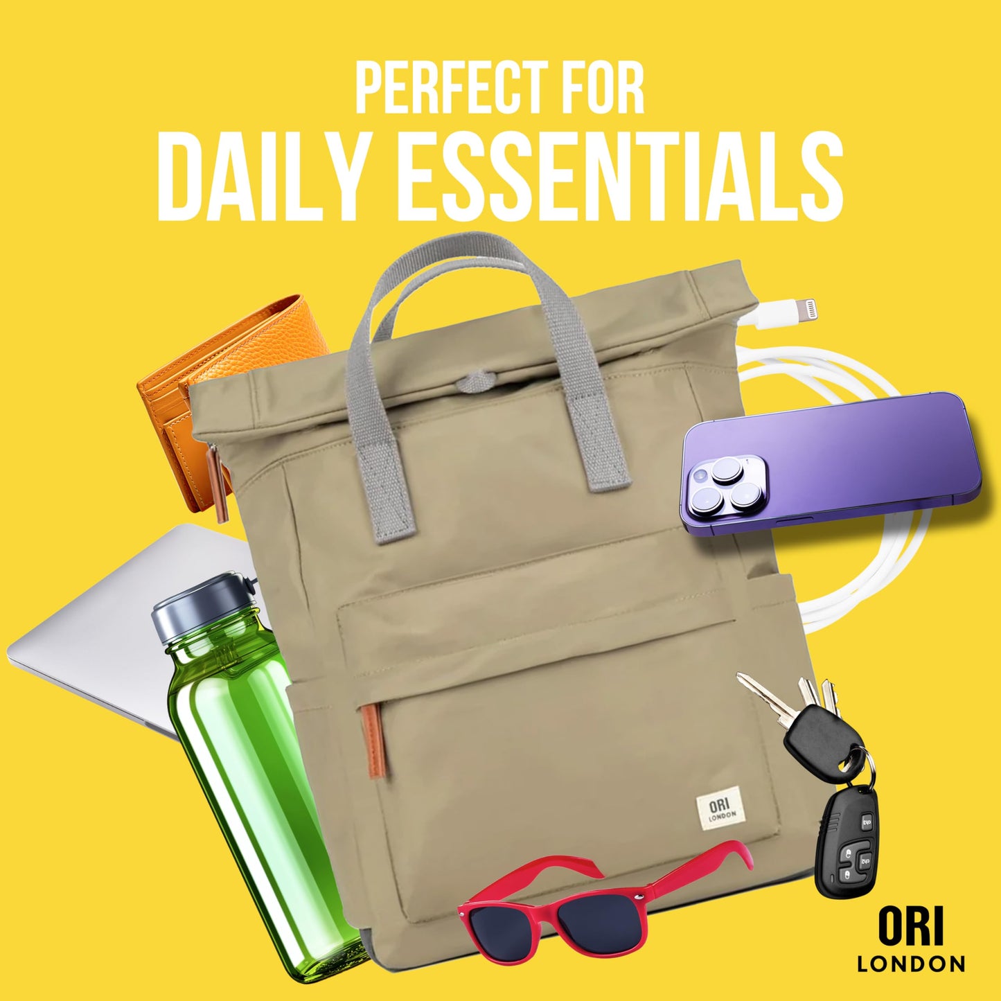 ORI LONDON Travel Backpack - Medium Nylon Rolltop Backpack for Men & Women with Multiple Pockets for Laptop, Phone, Keys, Wallet, Bottles - The Canfield, Taupe, 16.5x11.8x4.7”