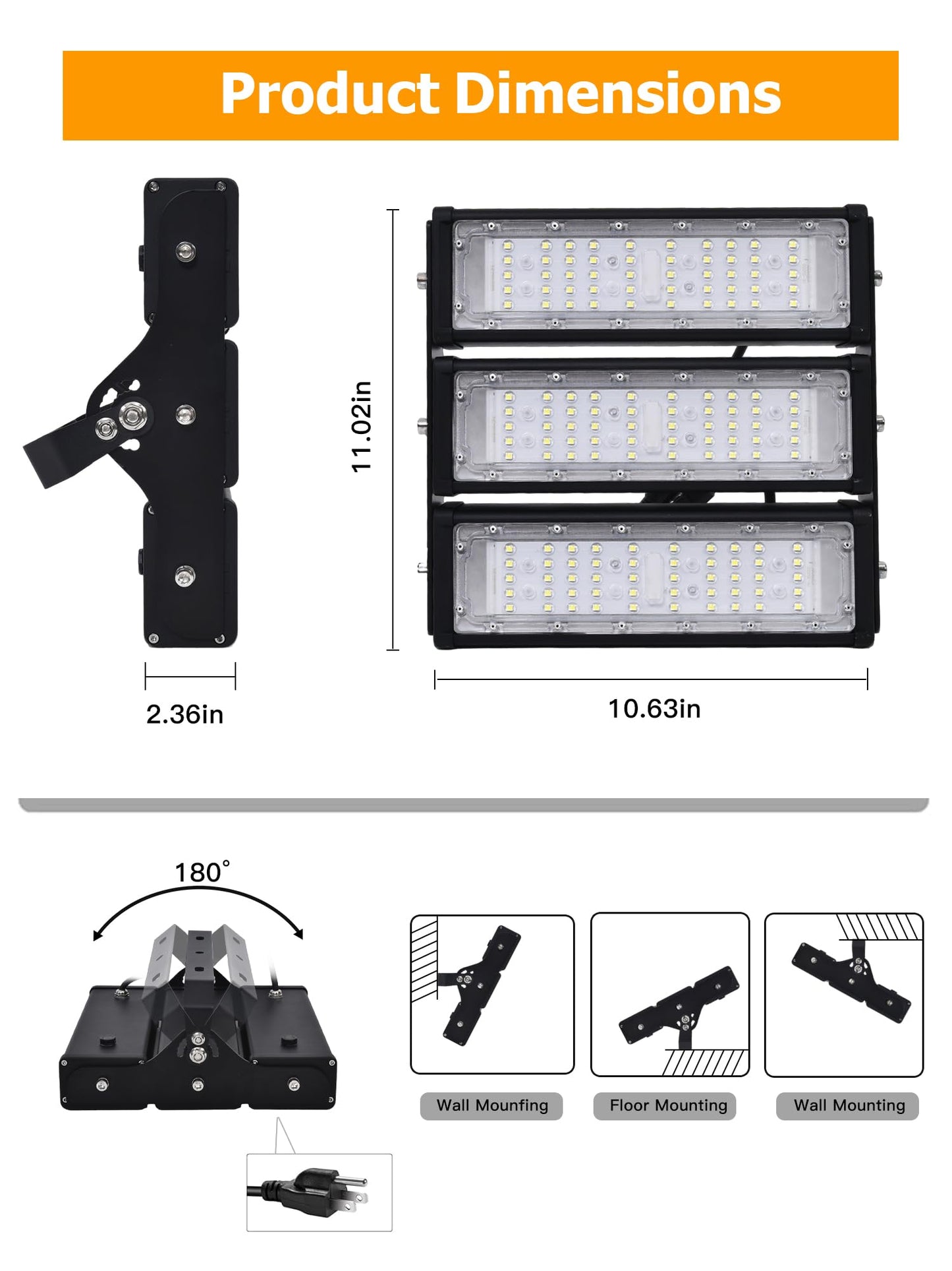 WERISE 150W Flood Lights Outdoor, IP66 Waterproof 30000LM 200LM/W Super Bright LED Stadium Light with Plug, 6000K Daylight White 100-277V Security Floodlight Lighting for Yard Parking Lot