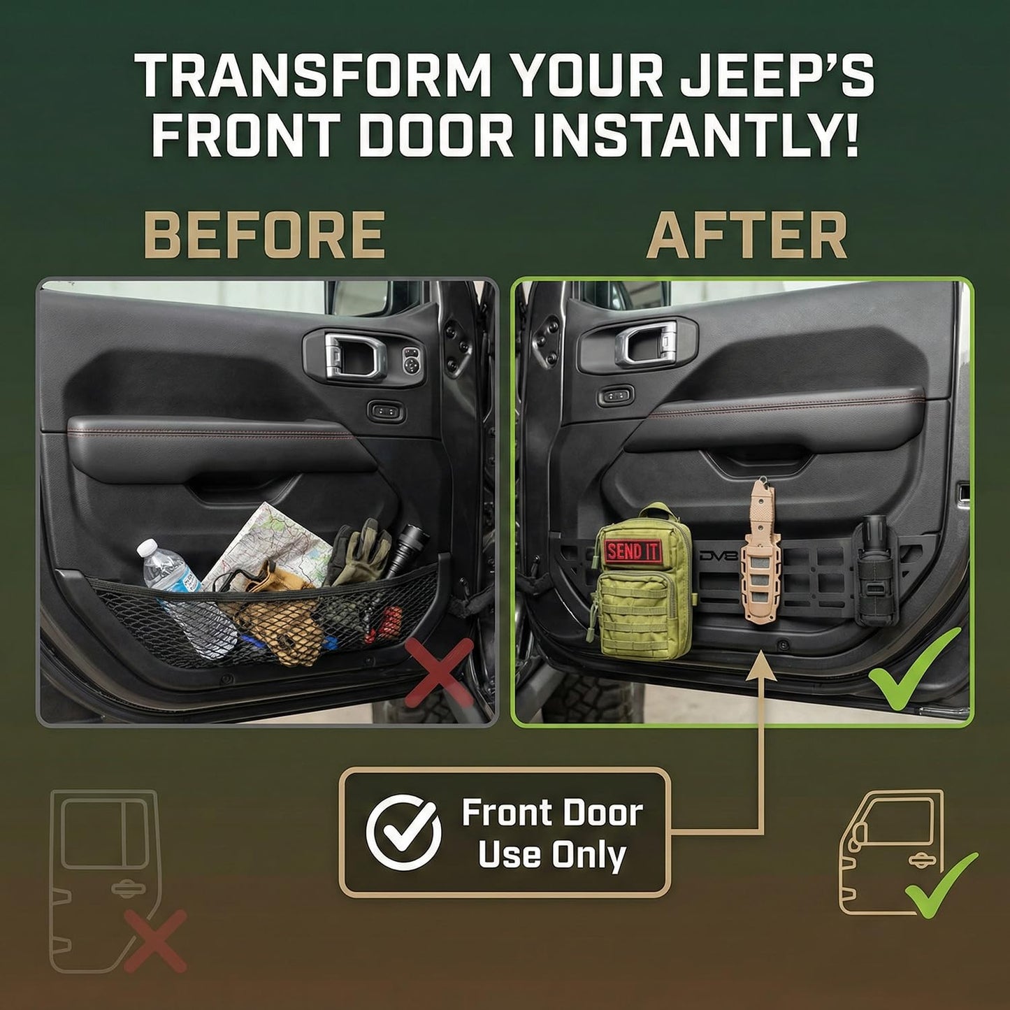 DV8 Offroad Front Door Pockets Compatible with Jeep Wrangler JL (2018-2026) & Gladiator JT (2020-2026) - Rigid Steel Molle Panel Storage Organizer, Replacement for Saggy Nets, Black
