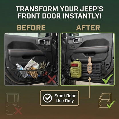DV8 Offroad Front Door Pockets Compatible with Jeep Wrangler JL (2018-2026) & Gladiator JT (2020-2026) - Rigid Steel Molle Panel Storage Organizer, Replacement for Saggy Nets, Black