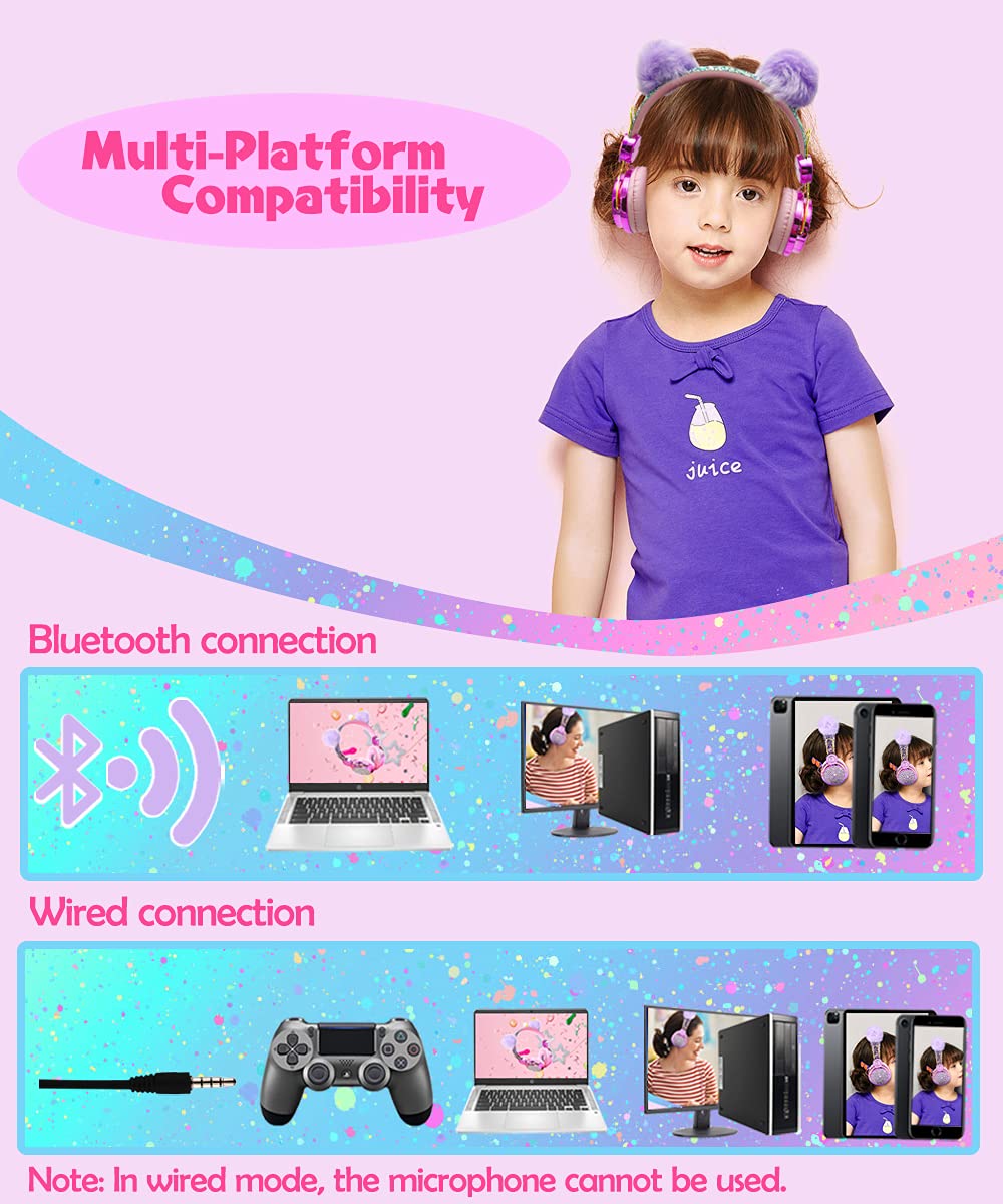 SVYHUOK Cat Ear Wireless Headphones for Kids with Mic, Bluetooth Over Ear Headset for School Cellphone Smartphones Laptop PC LED Light,Wired Headset for School Home (Violet Ball)