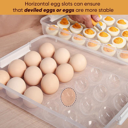 77L Deviled Egg Containers with Lid (Set of 2), Plastic Deviled Egg Tray Carrier with Handle for 48 Eggs, Clear Storage Egg Platter for Deviled Eggs, Easter Party Fridge Stackable Portable Egg Holder