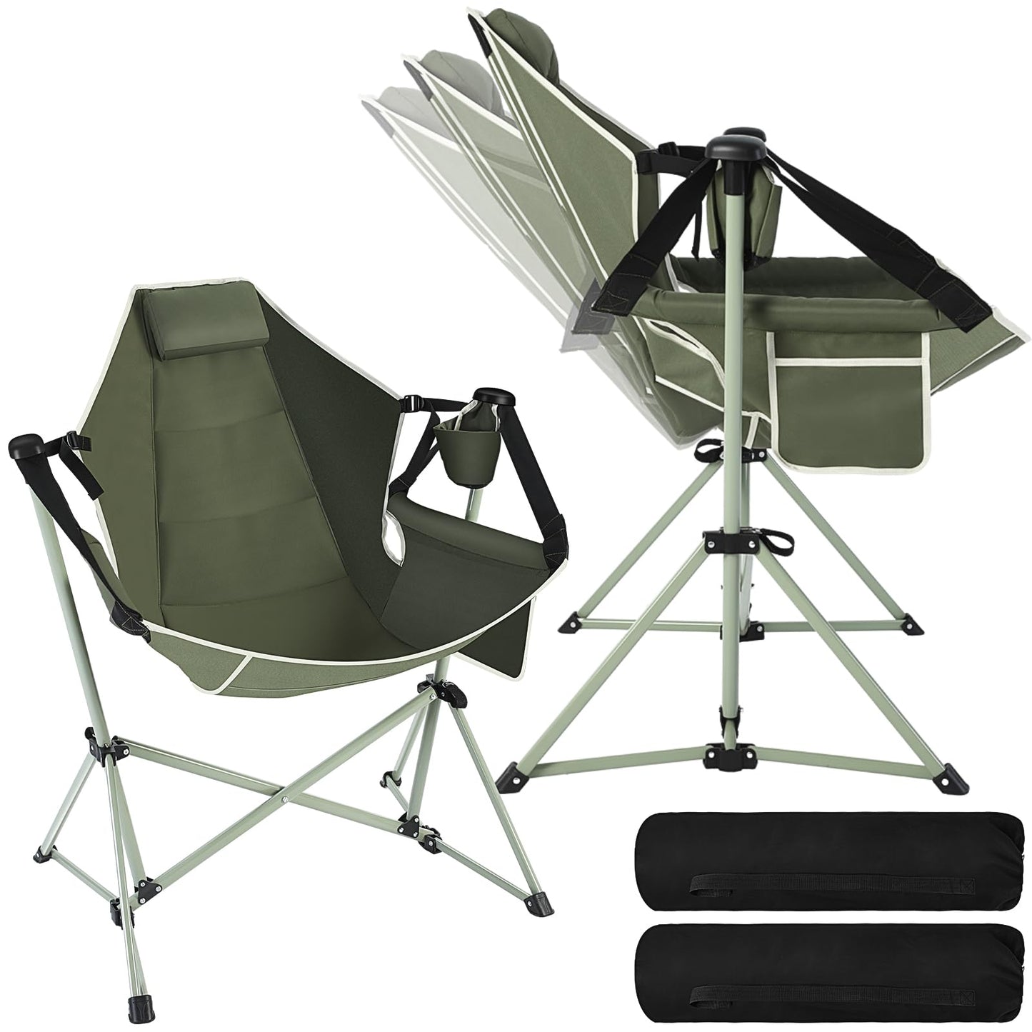 Reallnaive 2 Pcs Hammock Camping Chair with Adjustable Backrest, Heavy Duty Folding Swinging Chair Supports 300lbs, Portable for Camping, Travelling and Patio Green